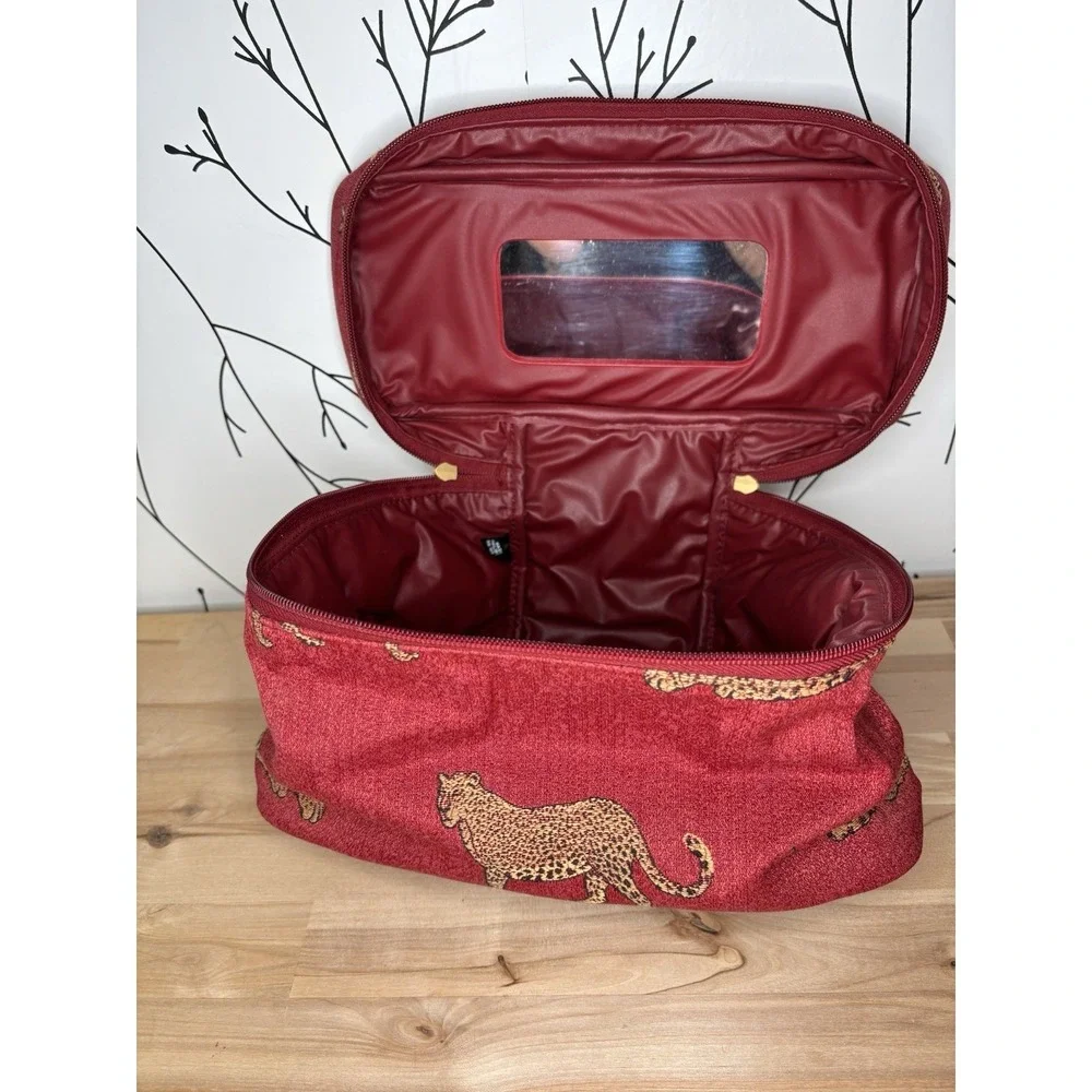 VTG Red Cheetah Print Fabric Makeup Bag & Case Set with Zipper and Handle